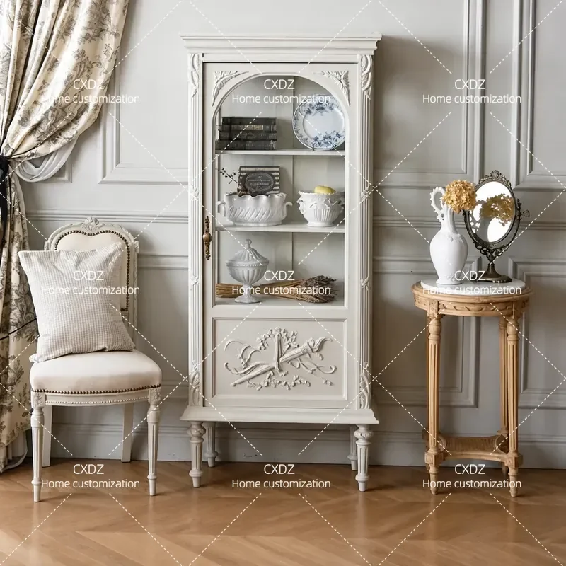 Solid Wood Wine Cabinet White Carved Glass Door Storage Cabinet for Living Room Dining Room Small Household Sideboard
