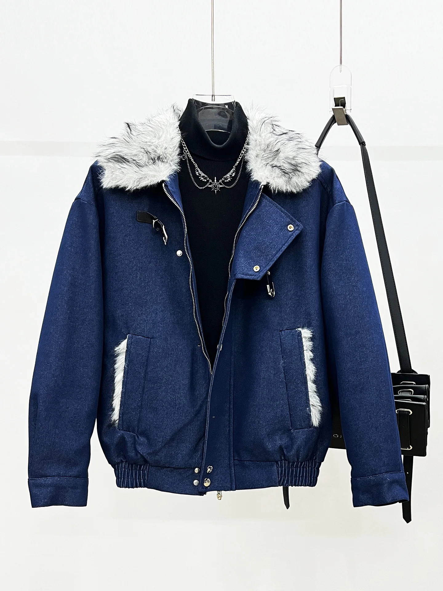 

Korean Sle Winter New High-End Fake Denim Fur Collar Mountain Eagle Cotton Jaet Men Thi Warm Loose Trendy Outerwear