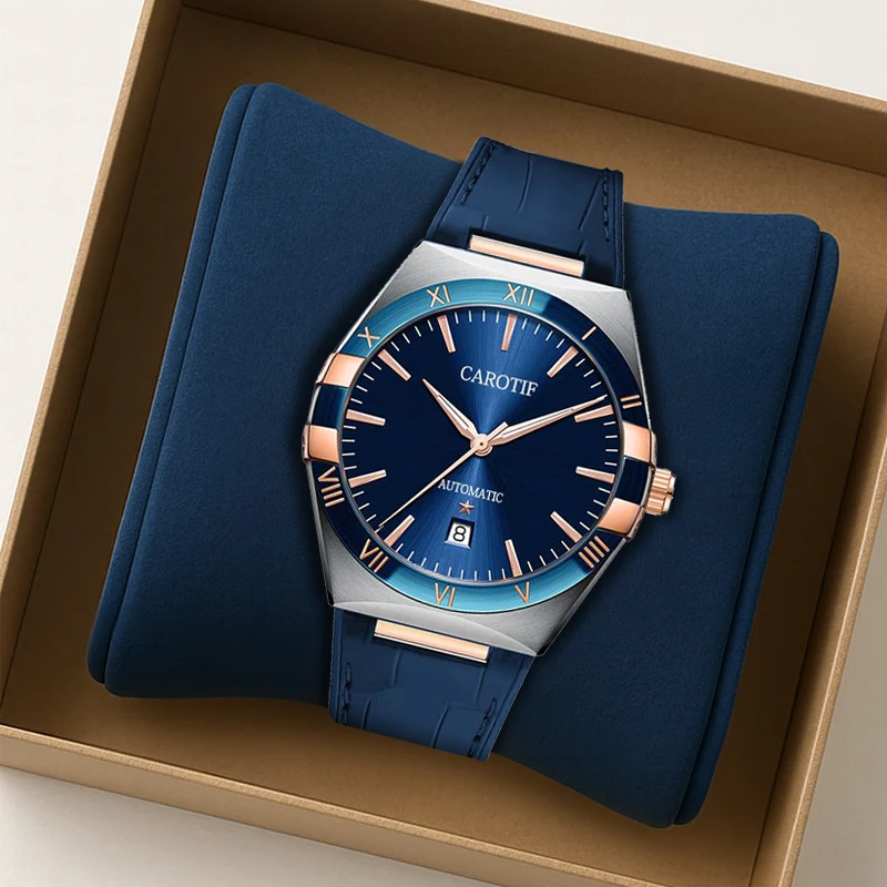 

Мужской синий кожаный ремень в деловом минималистском астрологическом масштабе, полностью автоматические механические часы.