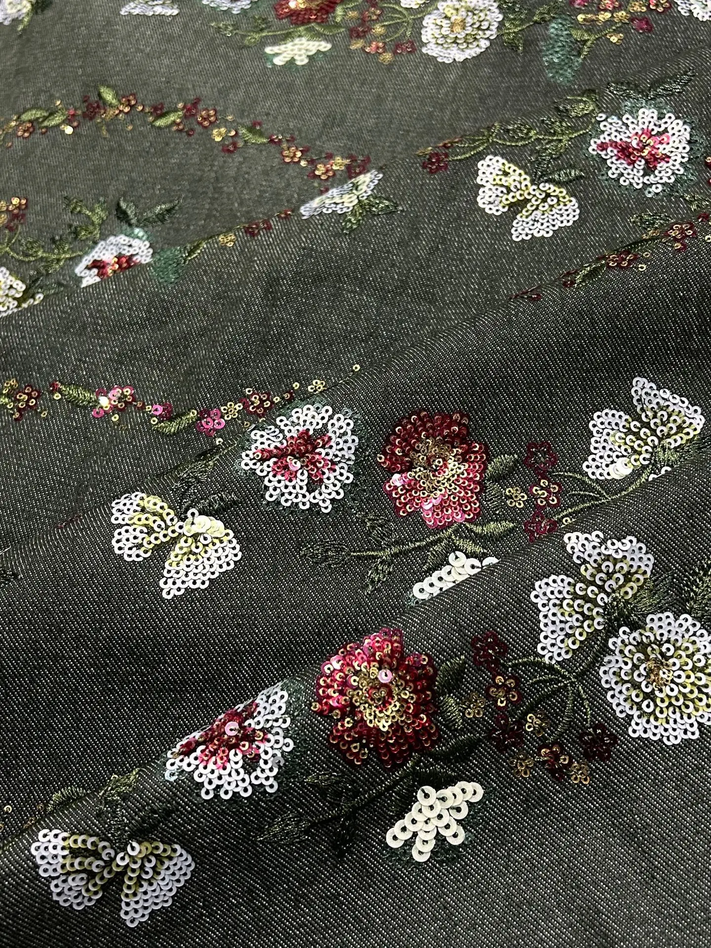 

Denim sequined embroidered fabric with beaded embellishments for jackets,dresses, and designer clothing embroidery fabric