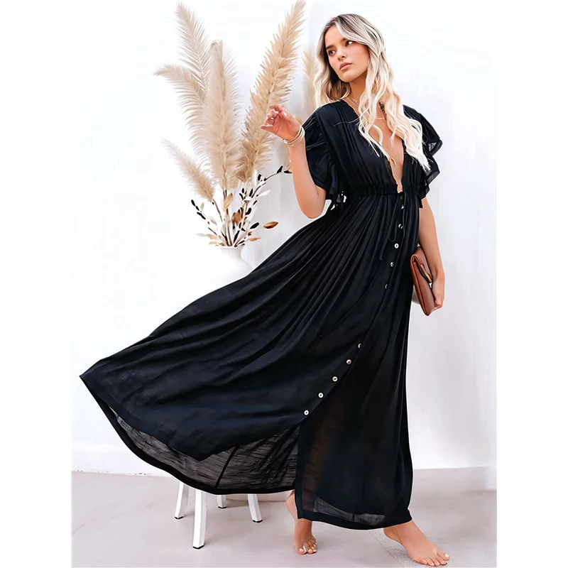 ABRT-Abito da spiaggia estivo casual da donna Abito maxi con volant Abito boho abbottonato Tunica lunga