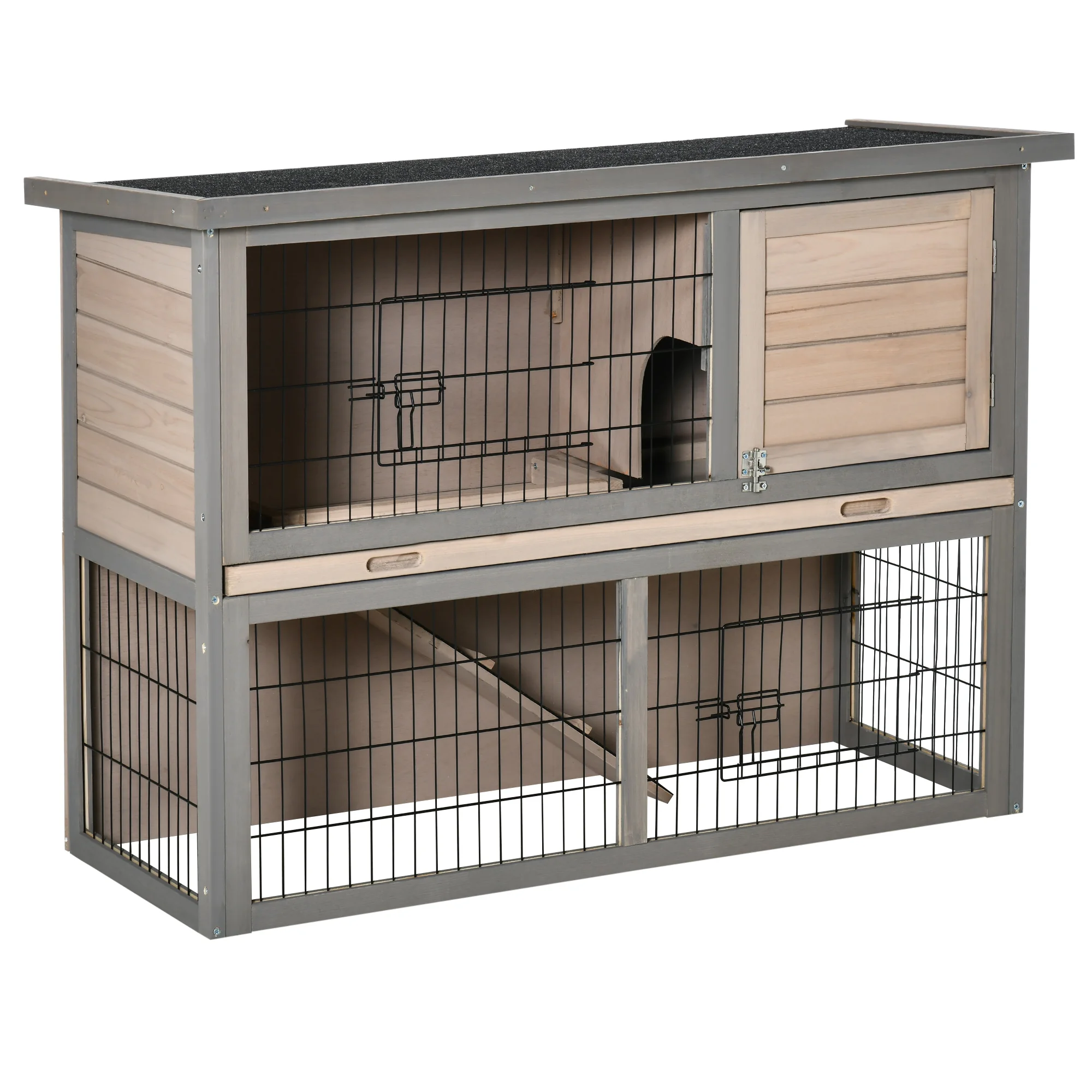 PawHut outdoor wooden Hutch cage for 2 rabbits with 2 doors with locks open asphalt roof removable tray ramp and open area 108x45x78 cm Gray