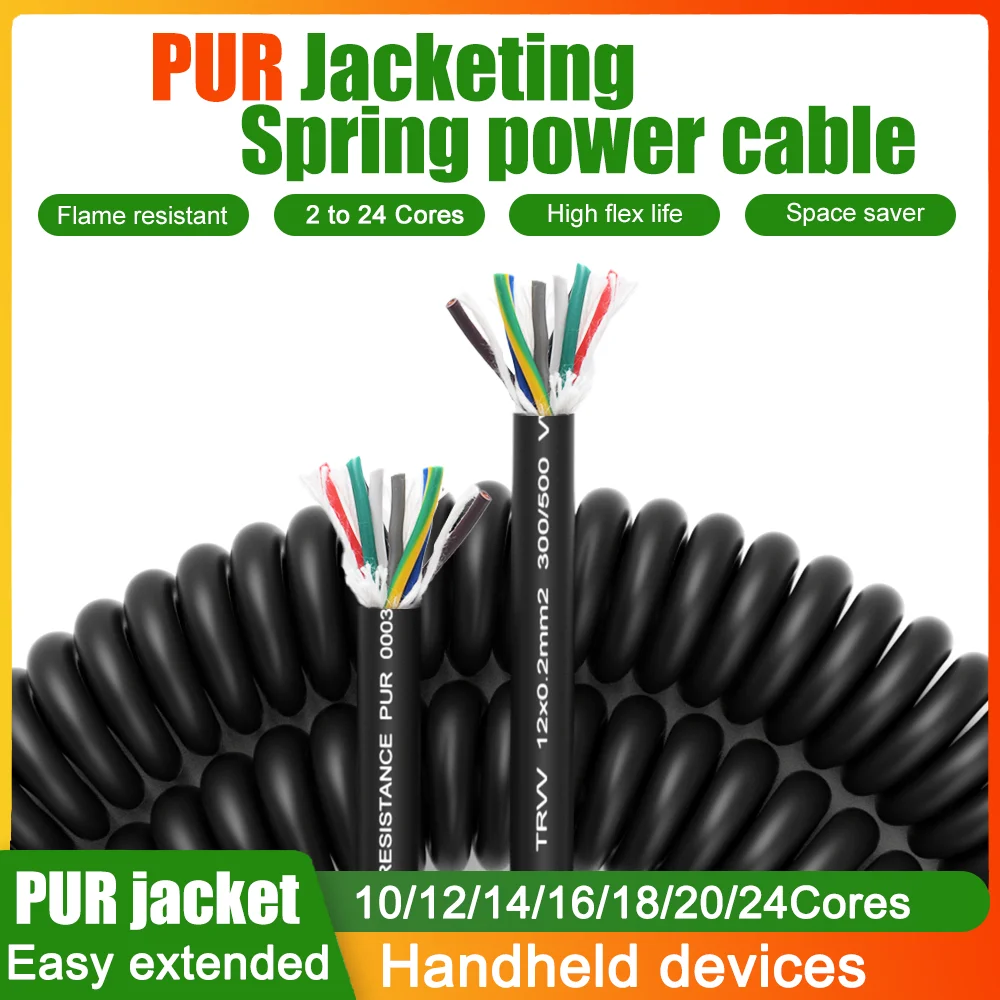 PUR Polyurethane Jacket Retractable Cord Spring Spiral Power Cable 10/12/14/16/20/24 Cores Flexible Extened Tensile Signal Wire