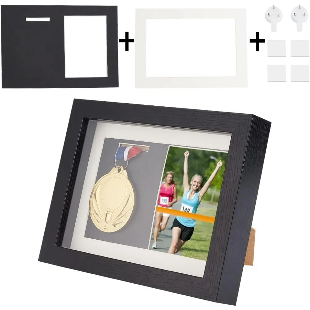 Medal Display Shadow Box 6.9x7.2x9 inch Black Medal Display Case Natural Wood Photo Frames with Clear Window for Making Kit