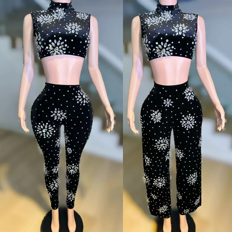 Sparkly Schwarz Strass Top Hosen Frauen Jazz Dance Kostüm Bühne Festival Outfit Bar Nachtclub Ds Dj Gogo Dance Wear XS9921