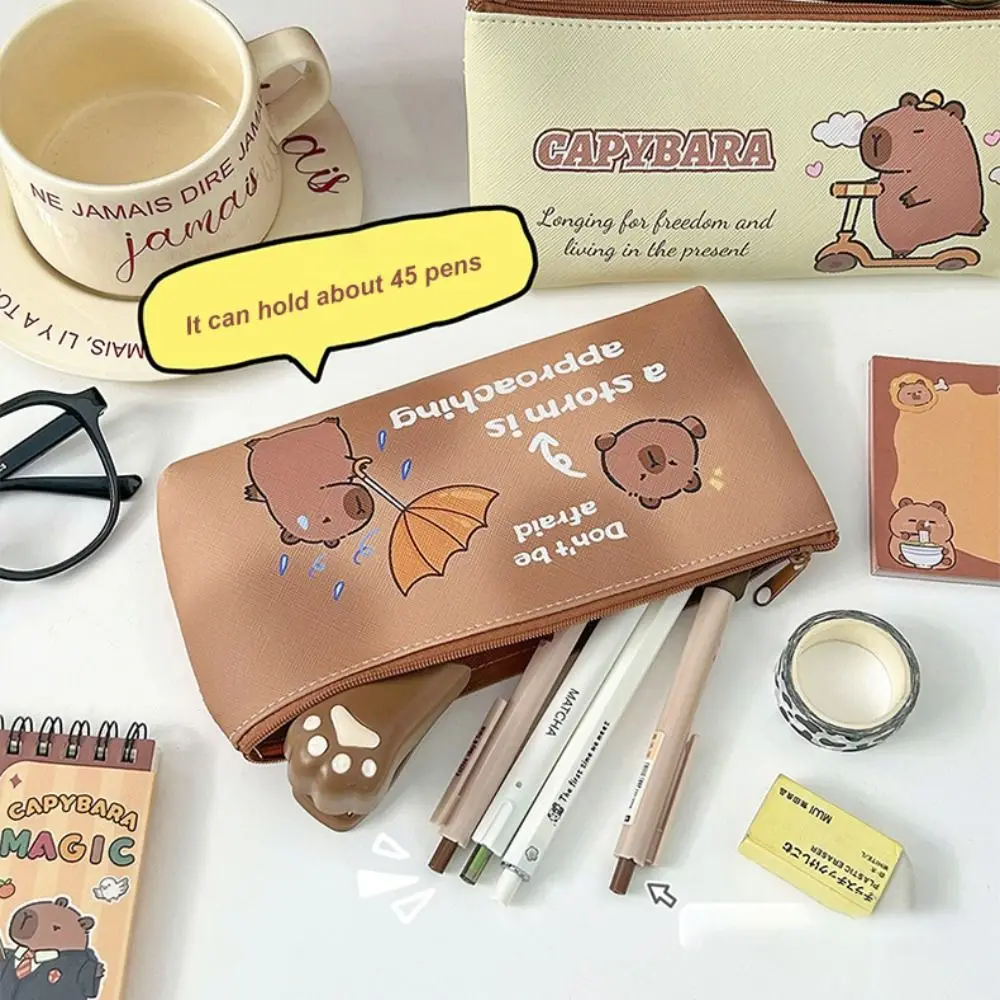 Capybara Pencil Case Cute Multi-functional PU Pen Bag Kawaii Large Capacity Stationery Storage Pouch Office