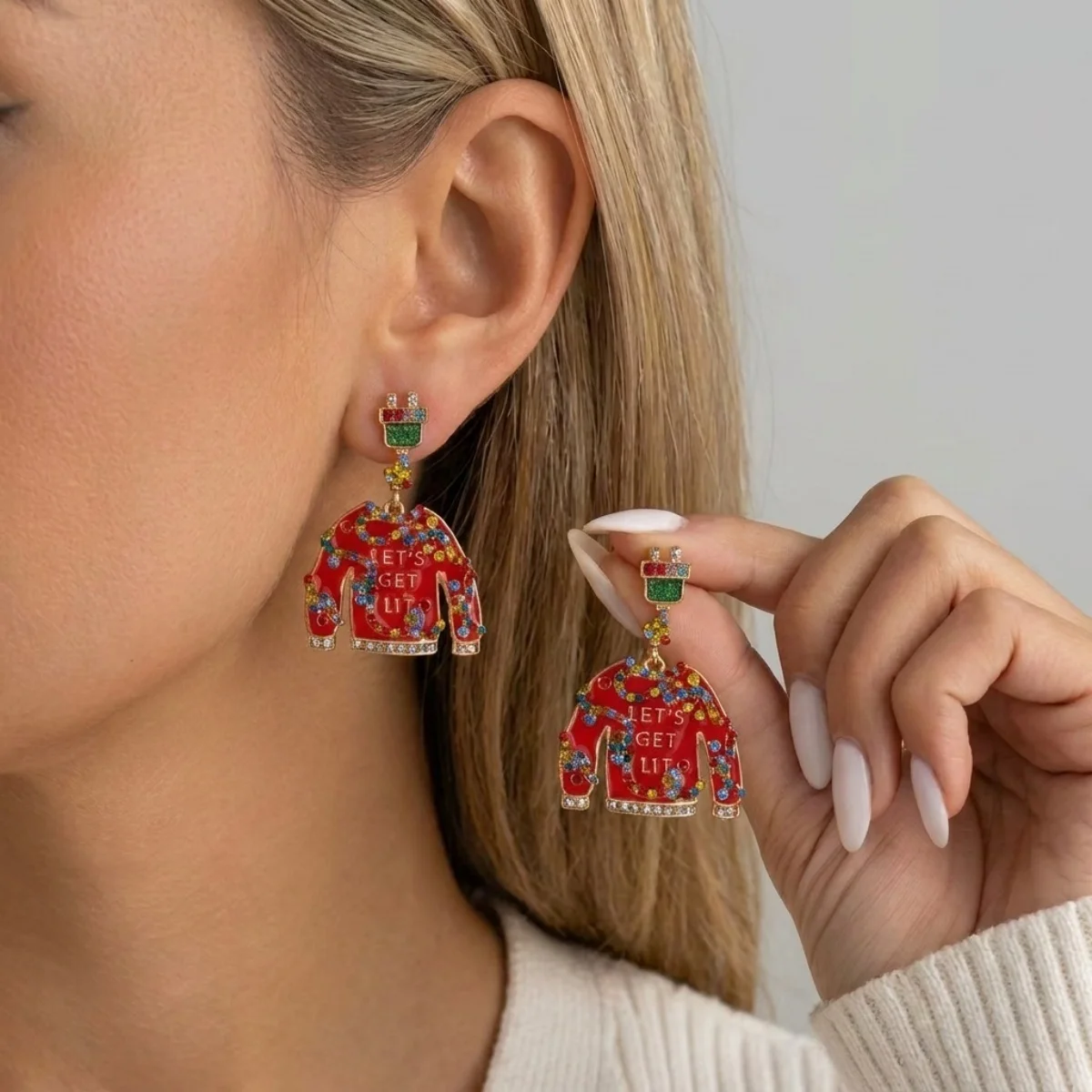 Bunte Strass-Weihnachtspullover-Geschenkbox-Ohrhänger für Damen, Weihnachts-Schneeflocken-, Schlittschuh-, Glühbirnen- und Haus-Ohrringe, Schmuck – Detail 20