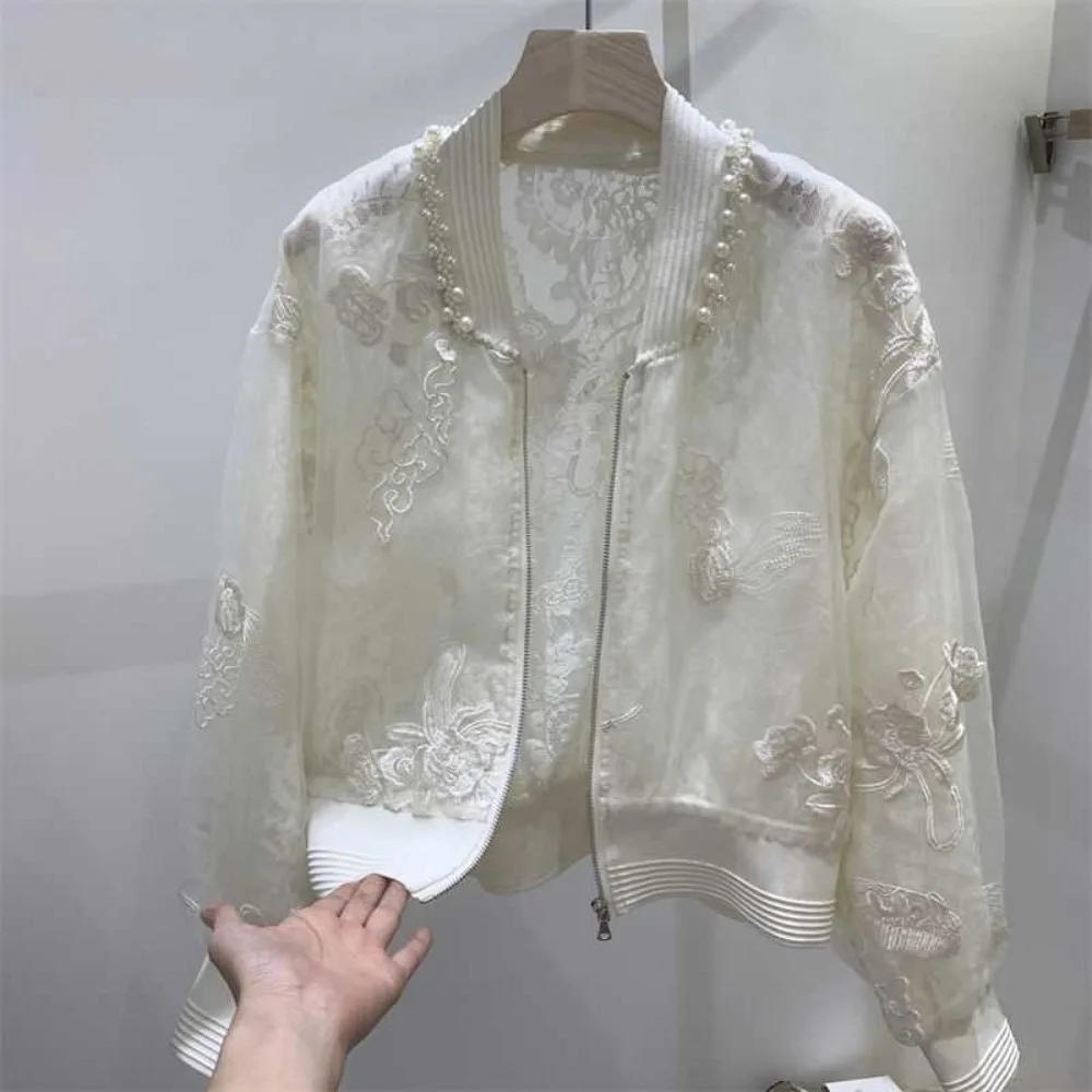 Chinese Style Beading Embroidered Sunscreen Jacket Long Sleeve Round Neck Baseball Outwear Casual Zipper Coat Tops for Women