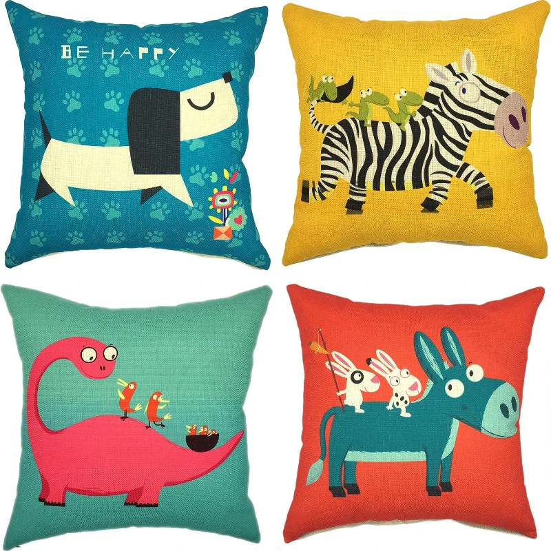 Cartoon Animal Linen Throw Pillow Case Dog Dinosaur Pillowcase for Girl Boy Kid Room Bed Sofa Set of 4 Home Decor Pillow Cover