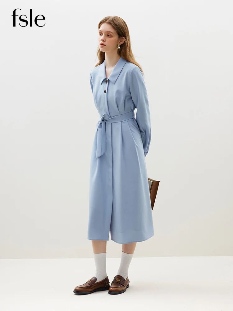 

FSLE French Artistic Contrast Button Design Dress Polo Neck Women Solid Long Shirt Dress Belt Design Commuter A-LINE Skirts