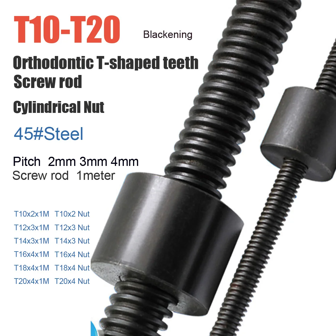 1Pcs 45# Steel T10-T20 Right Turn T-shaped Screw Rod Length 1Meter Pitch 2mm 3mm 4mm Trapezoidal Spindle Screw And Cylinder Nut