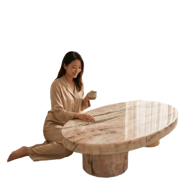 Italian Minimalist Oval Coffee Table Natural Pink Agate Marble French Luxury Living Room Centerpiece High End Tea Desk