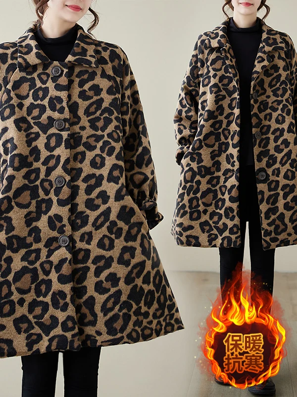 

Slimming Effect Woolen Coat with Collar Design Faionable Leopard Print Single Button Large Size Women's Outerwear