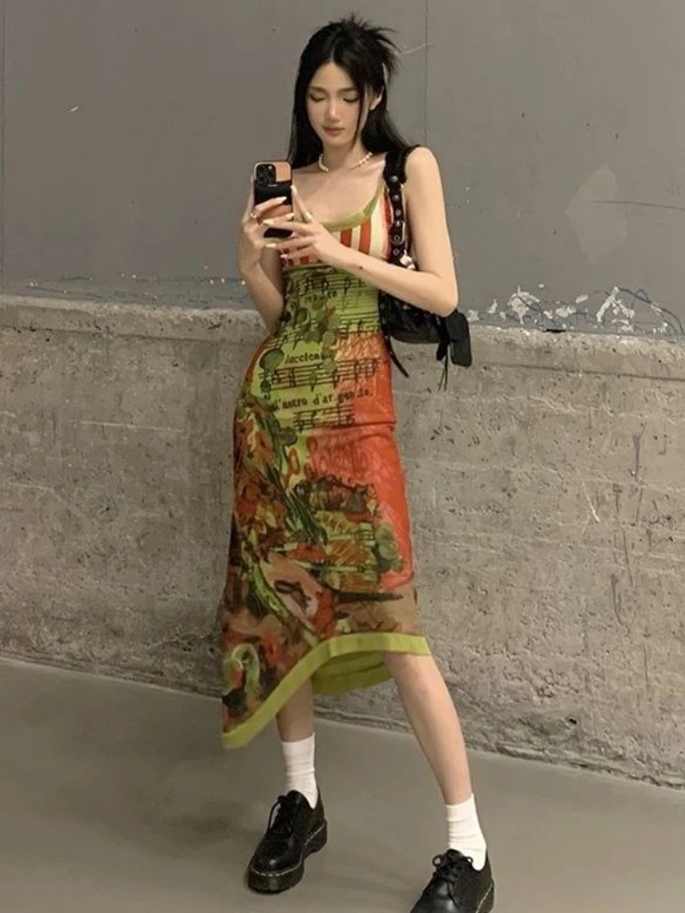 2024 Harajuku Irregular Y2k Aesthetic Vestidos Grunge Fairy Printing Women Sleeveless Dresses Vintage Streetwear Backless Dress