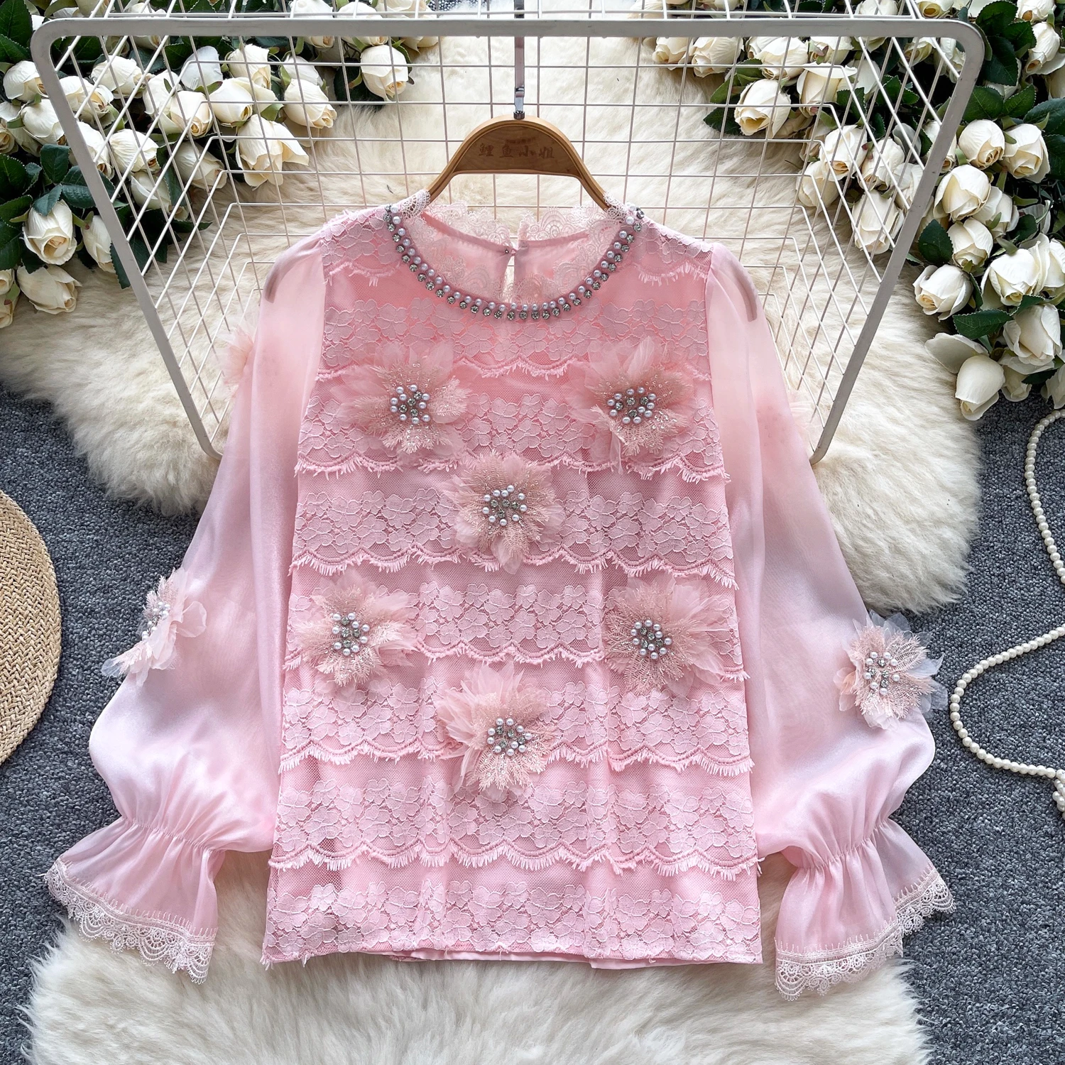 

Vintage Elegant rhinestone Beading Long Sleeve Print Blouse Fashion Shirt Casual Chic Top Fairy Summer Women Shirt