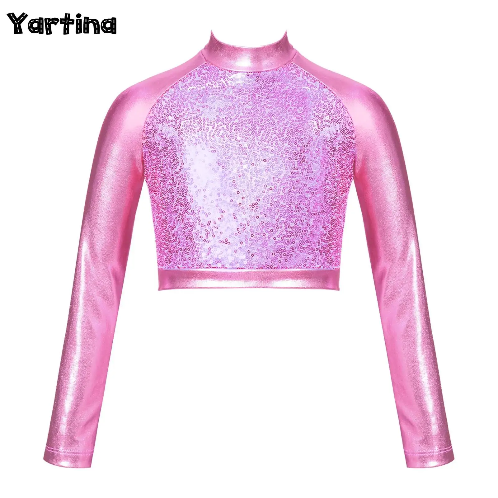 Girls Shiny Sequin ront  Fully Lined Ballet Dance Crop Tops Long Sleeve Shirt Blouse Hip Hop Jazz Dance Performance Costume