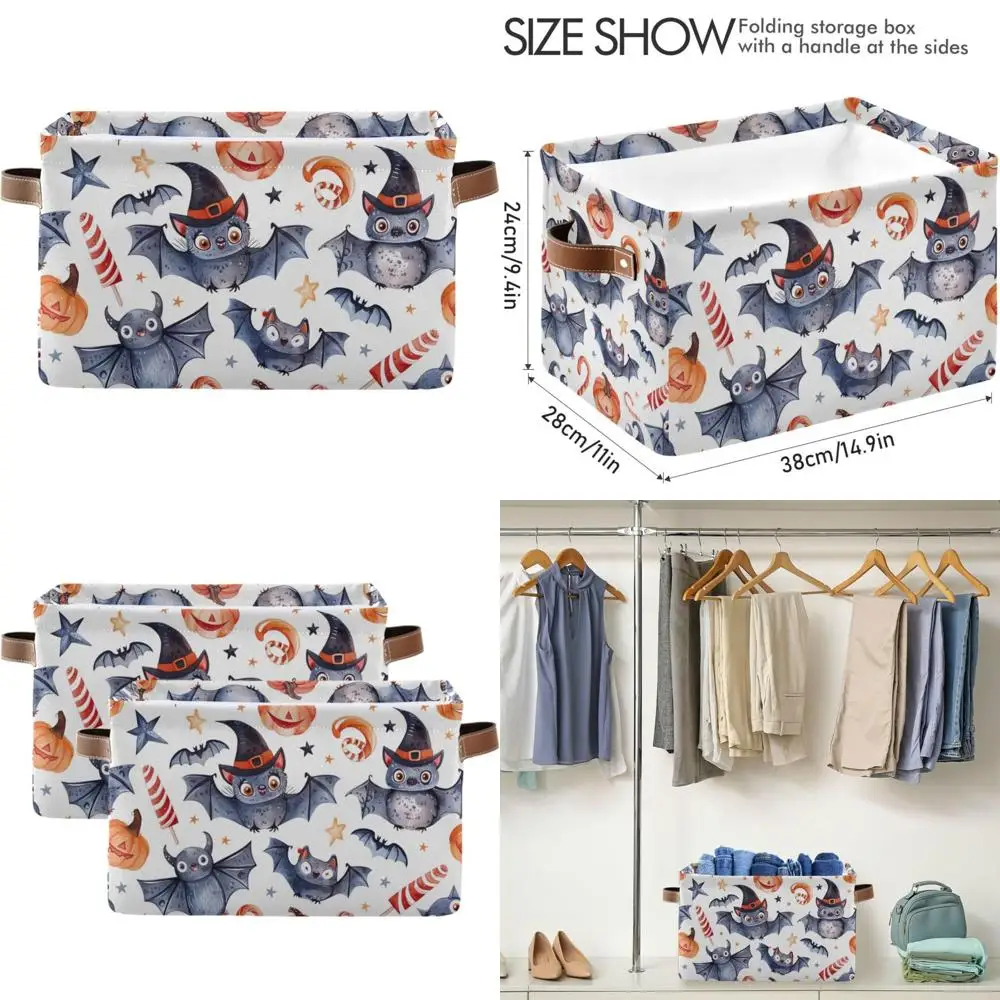 

Foldable Fabric Storage Basket with Bats, Pumpkins, and Candy Theme for Halloween, Ideal for Organizing Clothes and Other Items