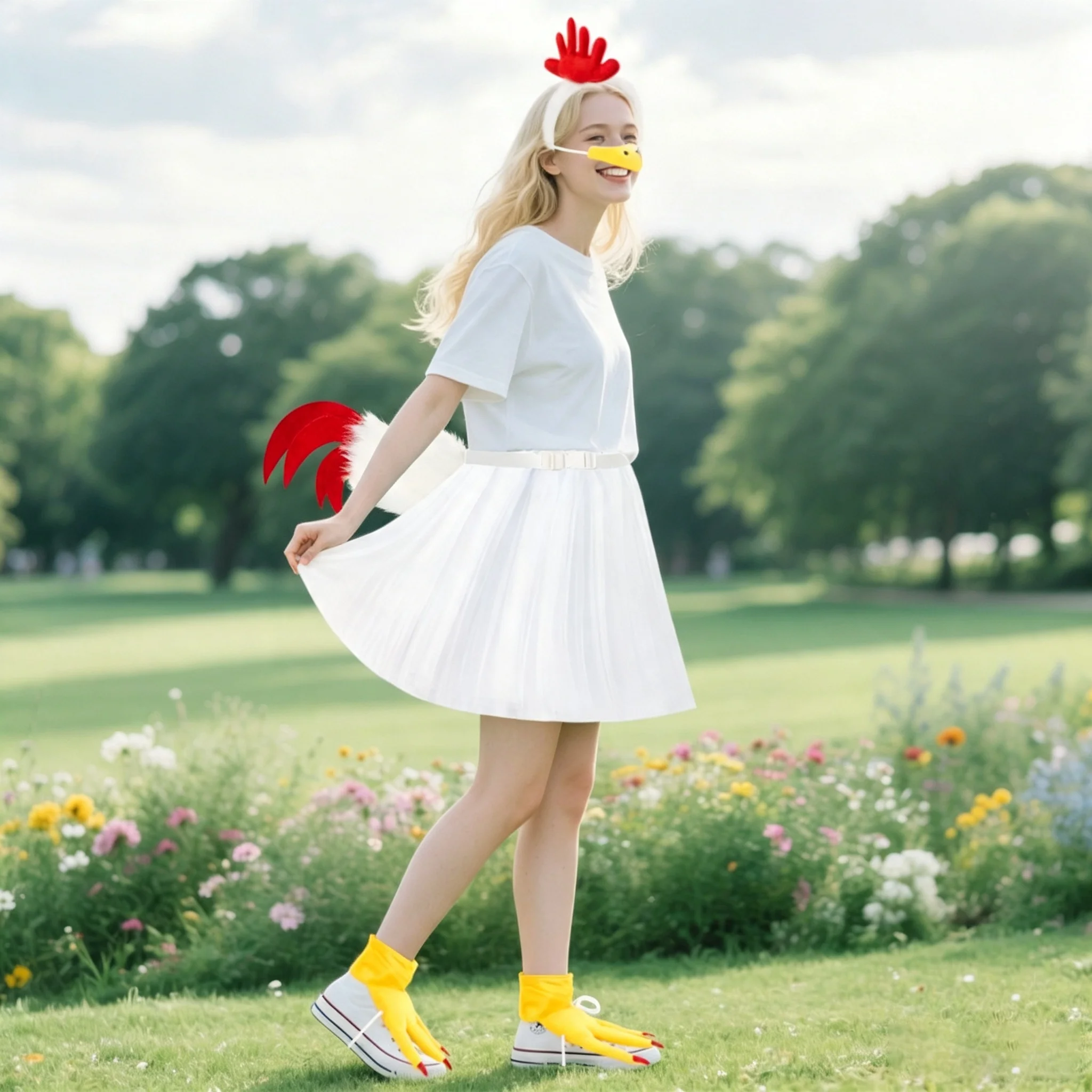 Chicken Themed Cosplay Outfit Kit Rooster Headpiece Beak Foot Covers Tail Tutu Skirt For Adult Halloween Stage Performance view 6