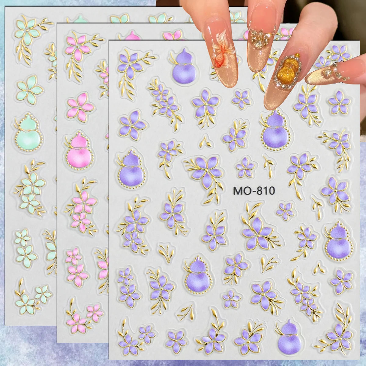 3/6/12/15 Sheets 5D Embossed Spring Pastel Flower Gourd Nail Stickers Gold Outline Self Adhesive Floral Nail Art Decals