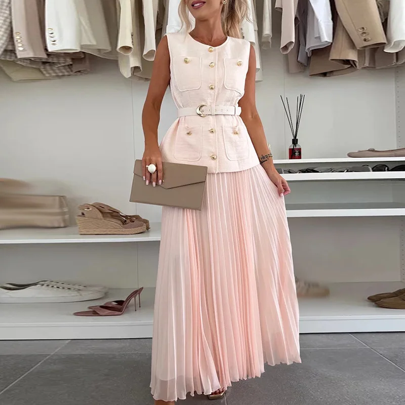 

Красивый женский темпераментный приталенный плиссированный костюм для вечеринок, повседневный топ на пуговицах с круглым вырезом + длинная юбка, комплект из 2 предметов: весна-лето, однотонная сетка O