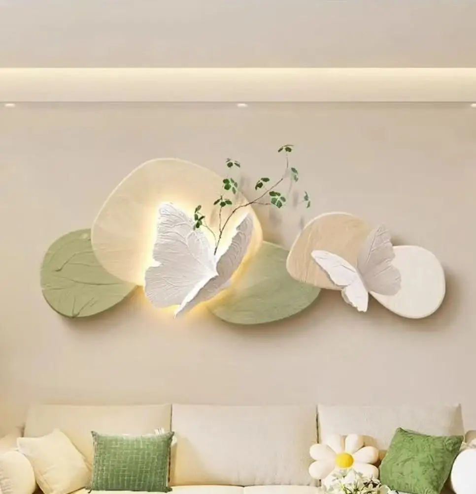 Living room decoration painting, butterfly sofa background, wall mounted painted lights, luxurious high-end wall lights