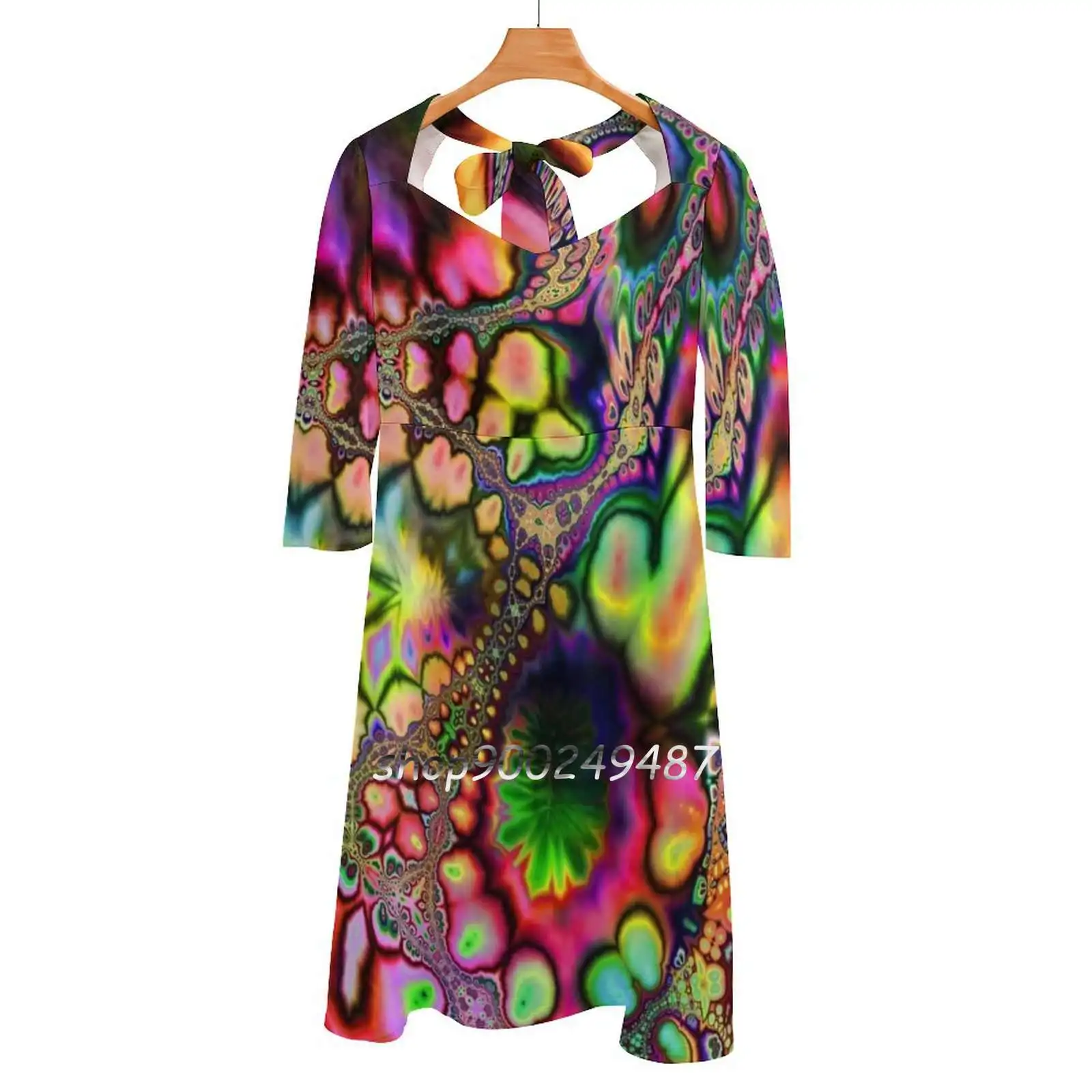 

Acid Plasmosis Sweetheart Knot Flared Dress Fashion Design Large Size Loose Dress Rainbow Fractal Psychedelic Trippy Hoopers