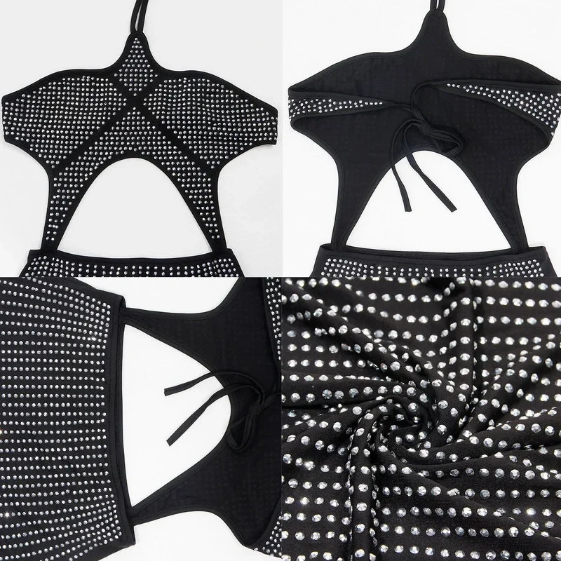 Kexu Hot Steentjes Uitgesneden Halter Rugloze Mouwloze Bodycon Mini Jurk 2024 Sexy Party Club Diamanten Vrouwen Jurken