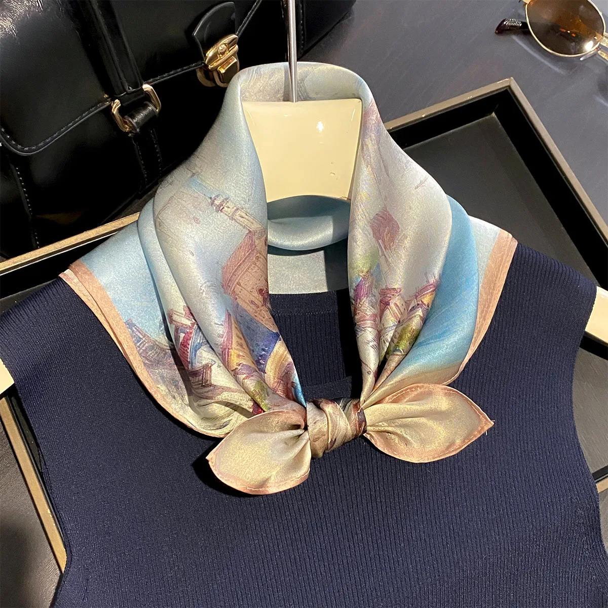 

100% Pure Silk Square Scarf Women Watercolor Venice Print Bandana Neckerchief Hair Scarf Headband Bag Accessory Luxury Soft Gift