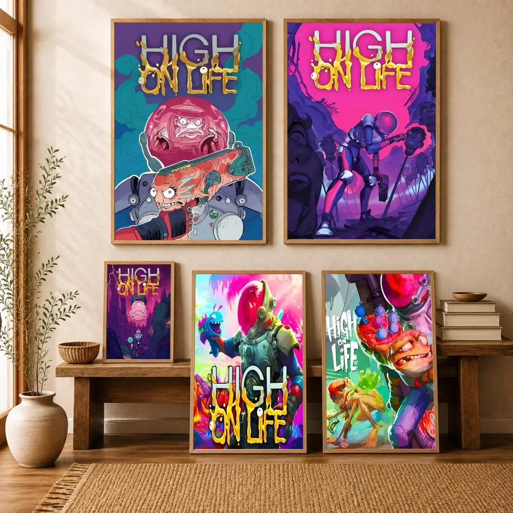 H-High On Life Poster Modern Art Wall Stickers HD Painting Self Adhesive Wall Decals for Bedroom Living Room Home Decor