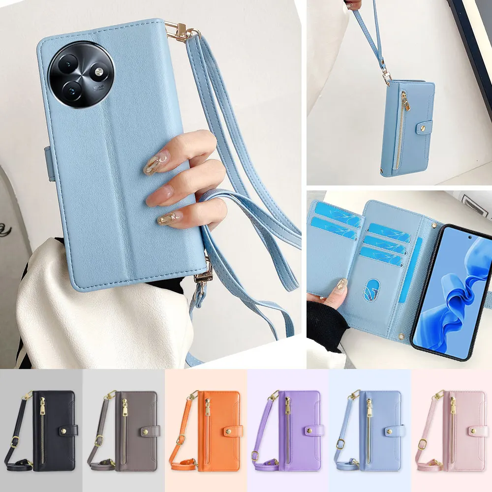 

Leather Flip Crossbody Case for Itel A50 S24 RS4 P55 Plus Protect Cover Wallet Case With Shoulder Strap Cord and hand Strap Cord