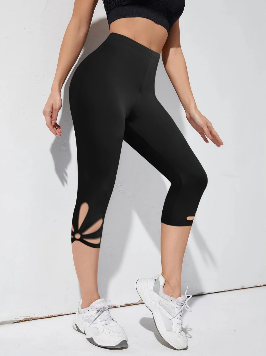 400 Women'S Cut-Out Hollow Leggings, Polyester Blend, High-Waist Skinny Stretch Capri Pants, Solid Color, Knit Fabric,