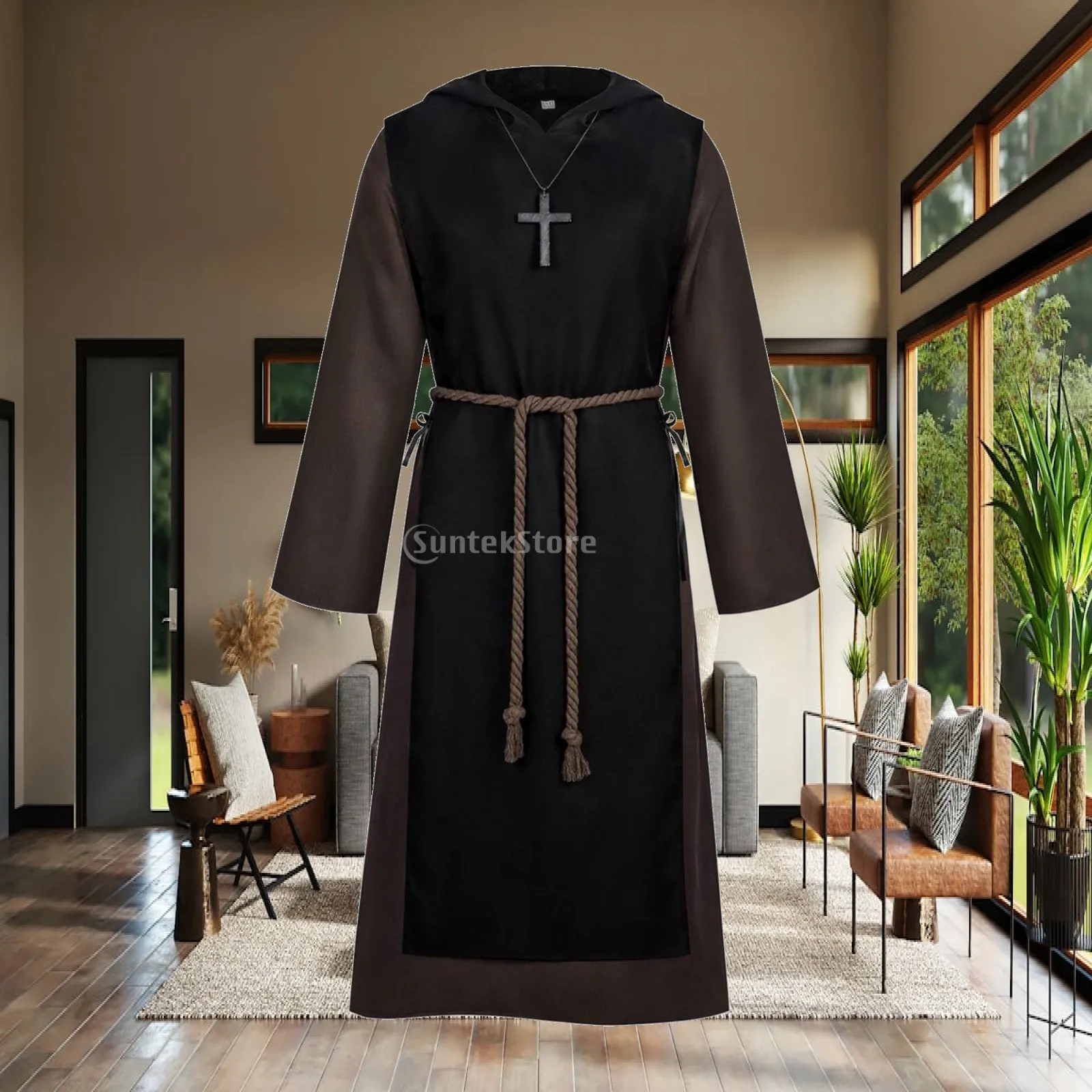 Polyester Gothic Monk Robe Halloween Outfit with Cross Pendant for Religious Costume Gathering