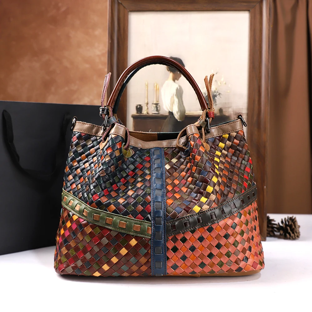 

A new retro women's handbag with a top layer of cowhide and a large capacity woven single-shoulder crossbody for women