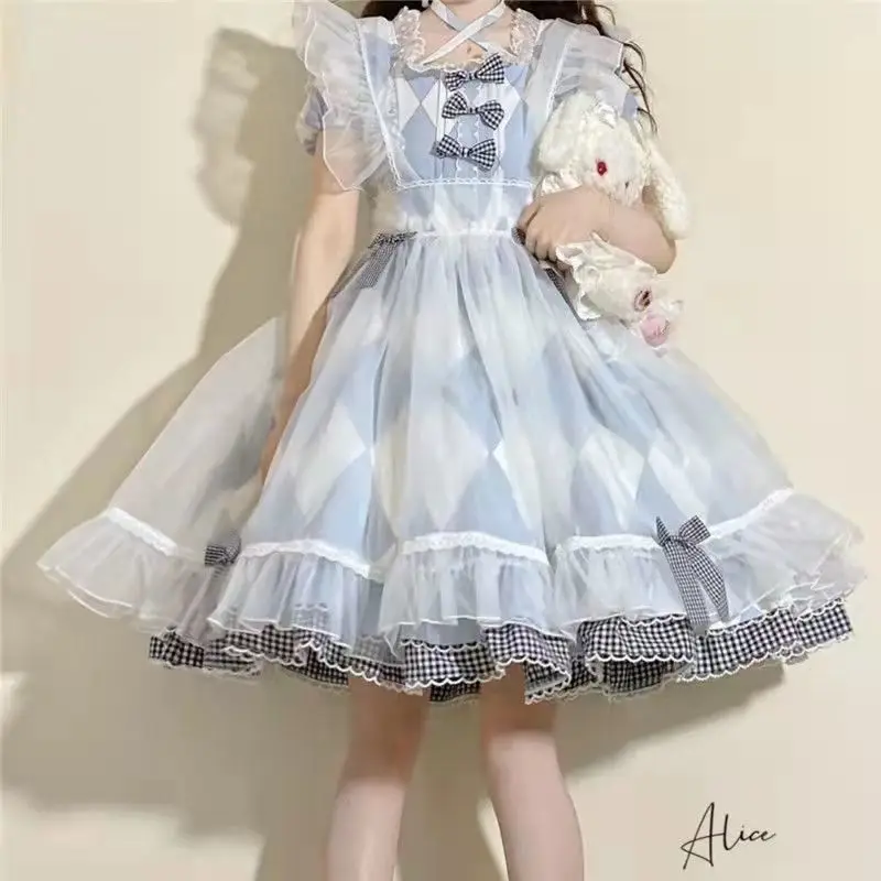 

NONSAR Gemini Alice Lolita Short-sleeved Dress Women Cute Bow Blue Plaid Lace Kawaii Dress Loli Girls Sweet Princess OP Vestidos