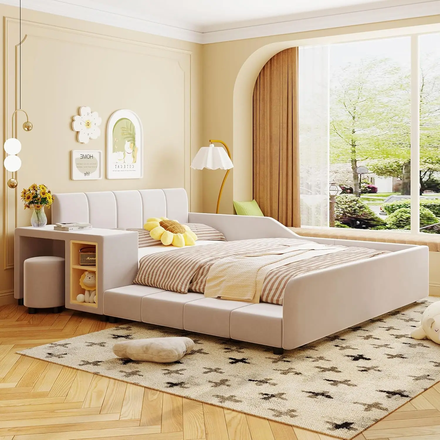 Full Size Bed Frames Upholstered Grounded Bed, Mother & Child Bed With Bedside Desk And Little Round Stool, Velvet, Beige