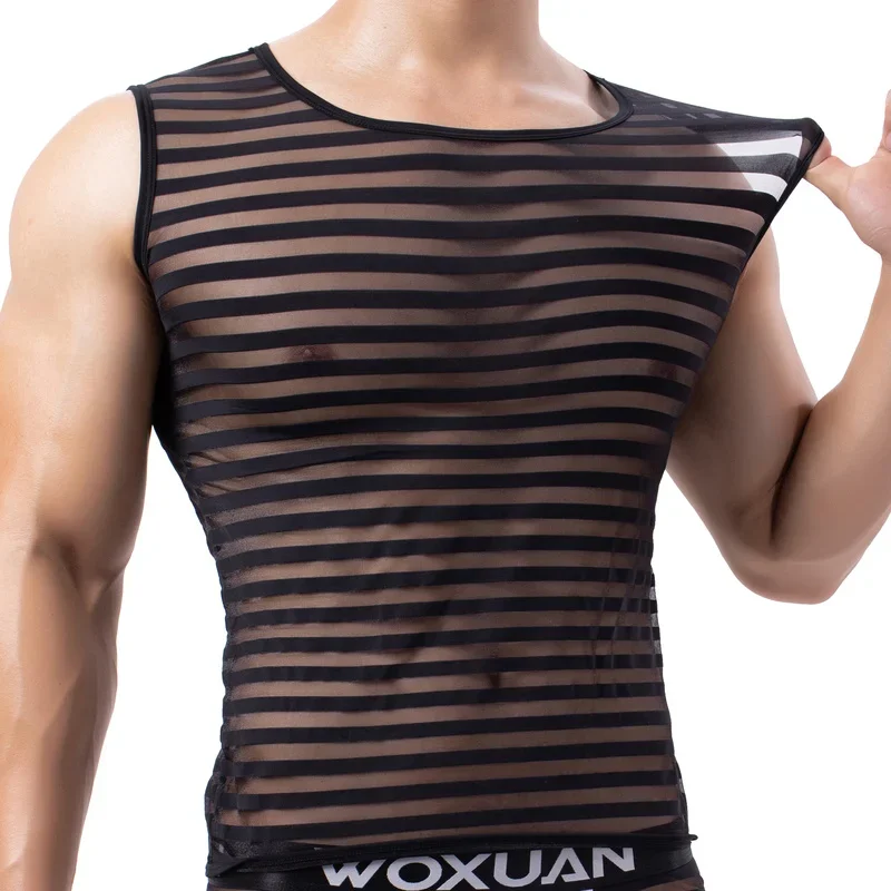 Mens Solid Color Horizontal Stripe Mesh Breathable Comfortable Vest Sleeveless Transparent Sexy T-shirt Fitness Casual Home Vest