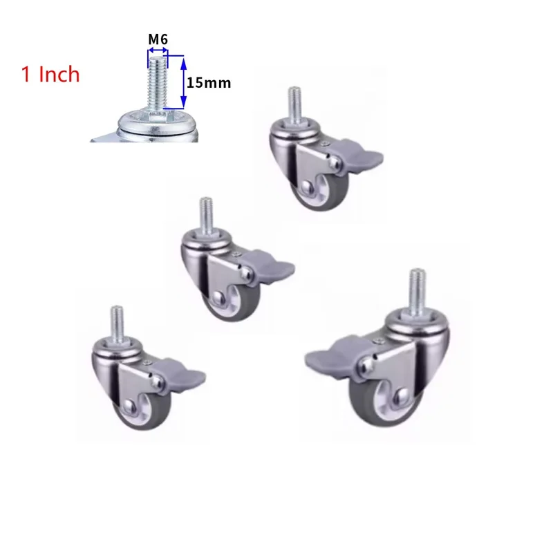 4 Packs 1 Inch Gray TPE Screw Brake Wheel M6*15 With Lock Pulley Beauty Instrument Universal Caster