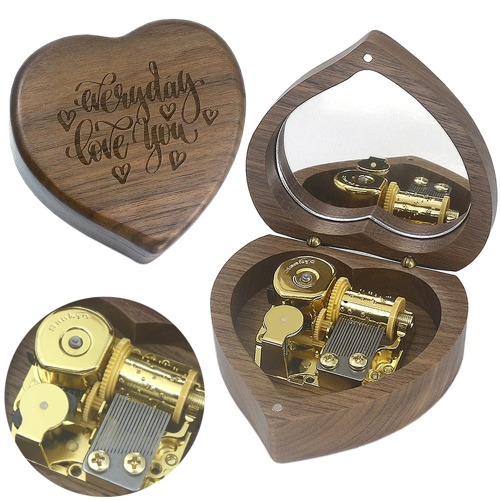 Rosiking Heart Shaped Walnut Custom Carved Music Box（every day love you）For Frends Girl and Children Birthday Gift