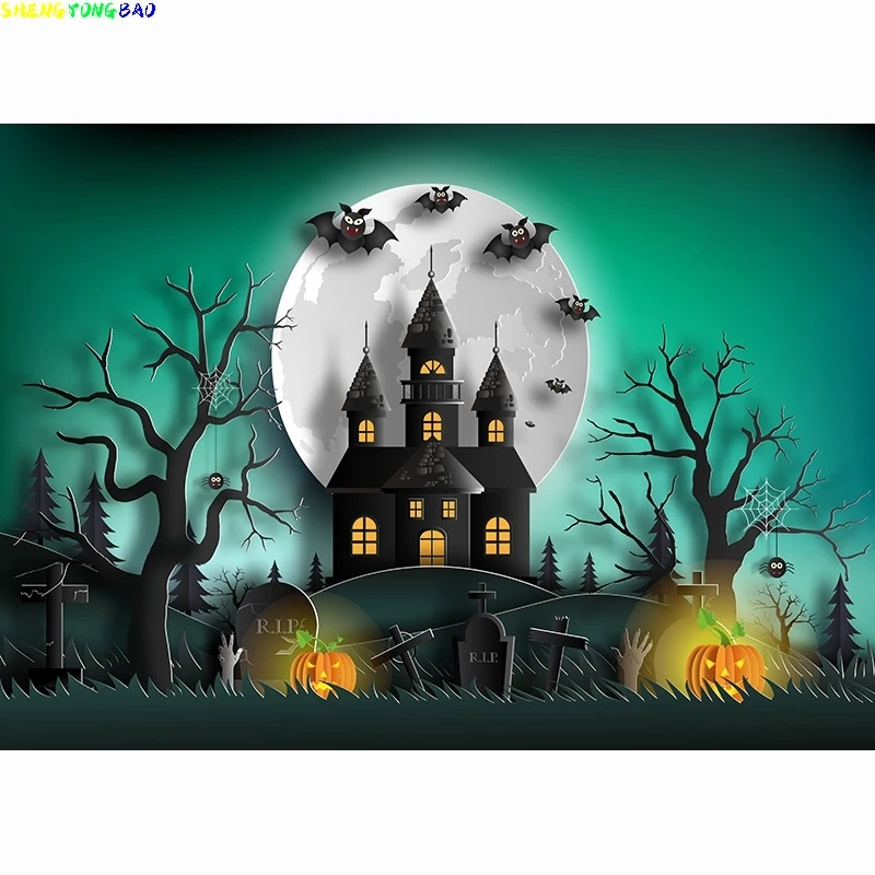 

Halloween Backdrops for Photography Cemetery Graveyard Horror Night Shining Pale Moon Kids Adults Background WSJ-01