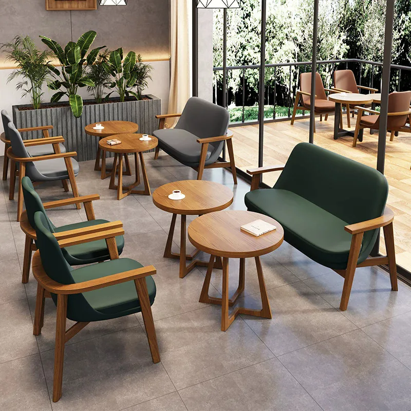 HYS Cafe Table and Chair Card Seat Sofa Office Leisure Negotiation Reception Rest Area Catering Milk Tea Shop Solid Wood