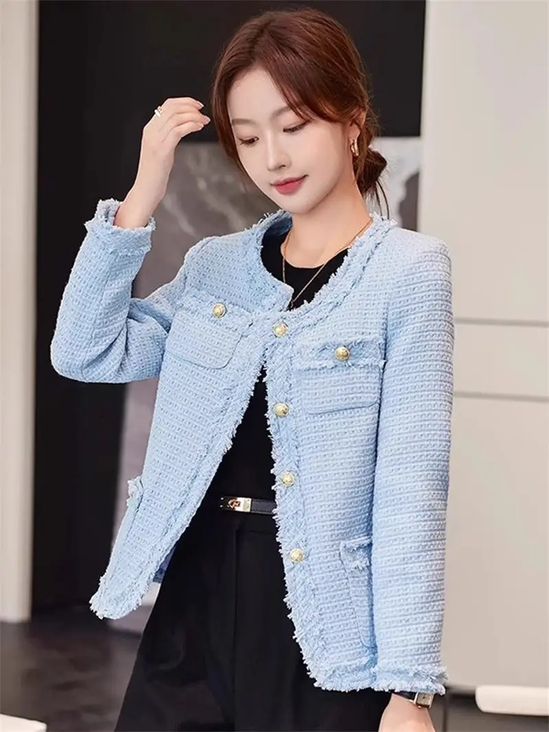 

Роскошный женский мягкий синий пиджак - твидовый пиджак без воротника на весну 2025, легкий и универсальный, модель G830