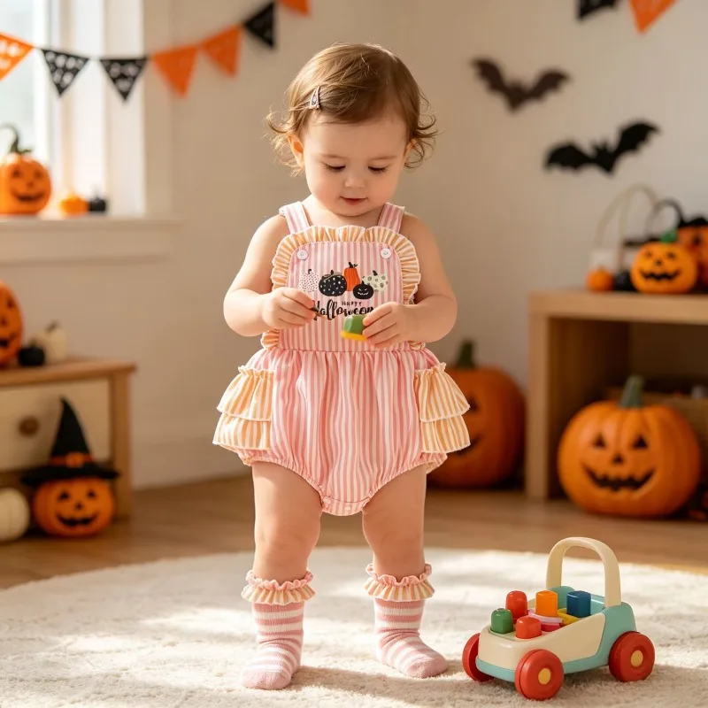 Infant Baby Halloween Romper Pink White Vertical Stripe Pumpkin Letter Print Sleeveless Jumpsuit Newborn Festival Bodysuit