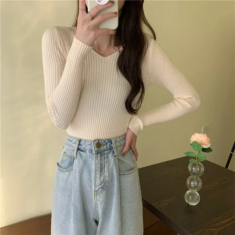 2025 Femme Basic Solid Jersey Tops Autumn Winter Women Sweaters Casual Long Sleeve Knitted Pullover Sweater Fashion Clothes