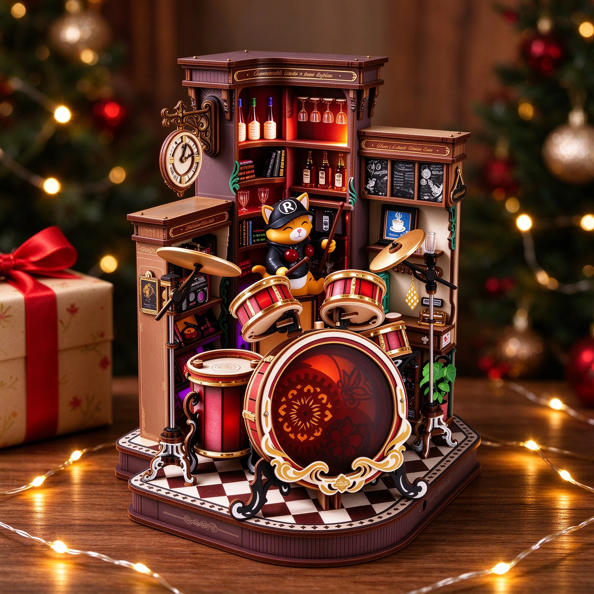 Jazz Drum Set 3D Wooden Puzzle DIY Music Box Kit with LED Light Interactive Bar Scene Desk Decor Gift for Music Lovers