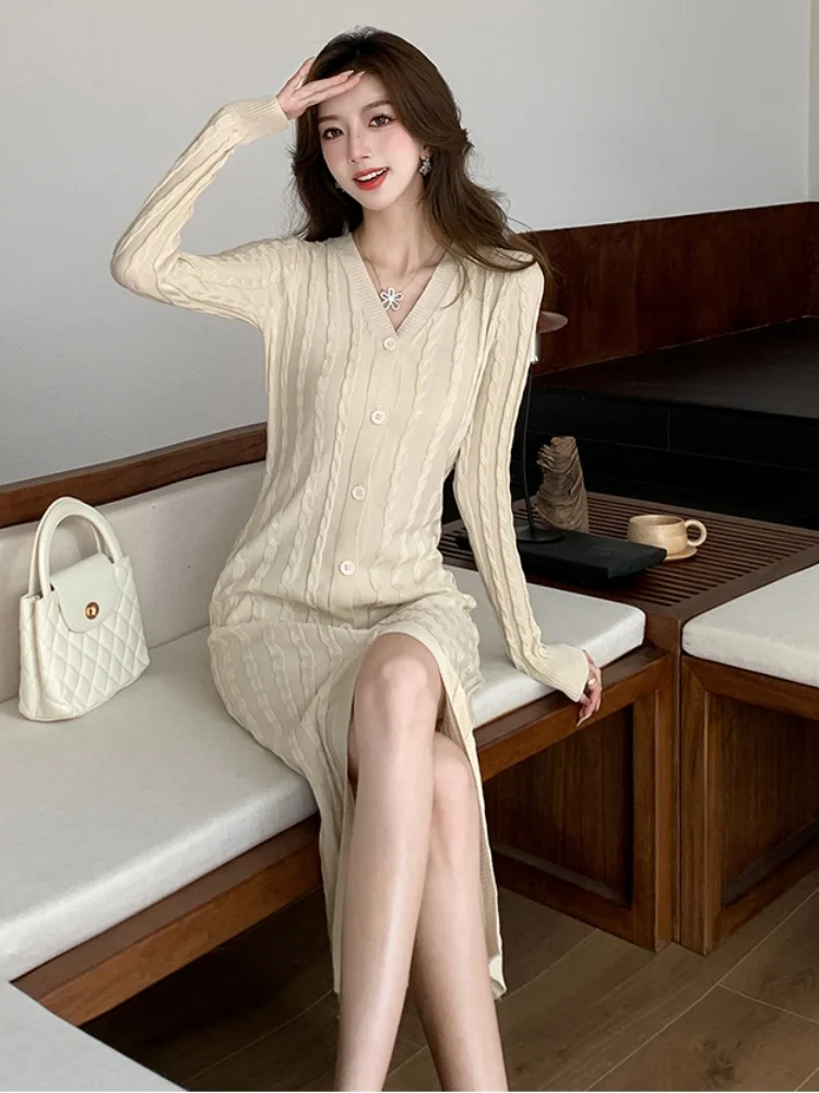 SMTHMA français élégant Sexy col en v torsions pull à manches longues une pièce robe femme Style doux dame Sofe robes en tricot