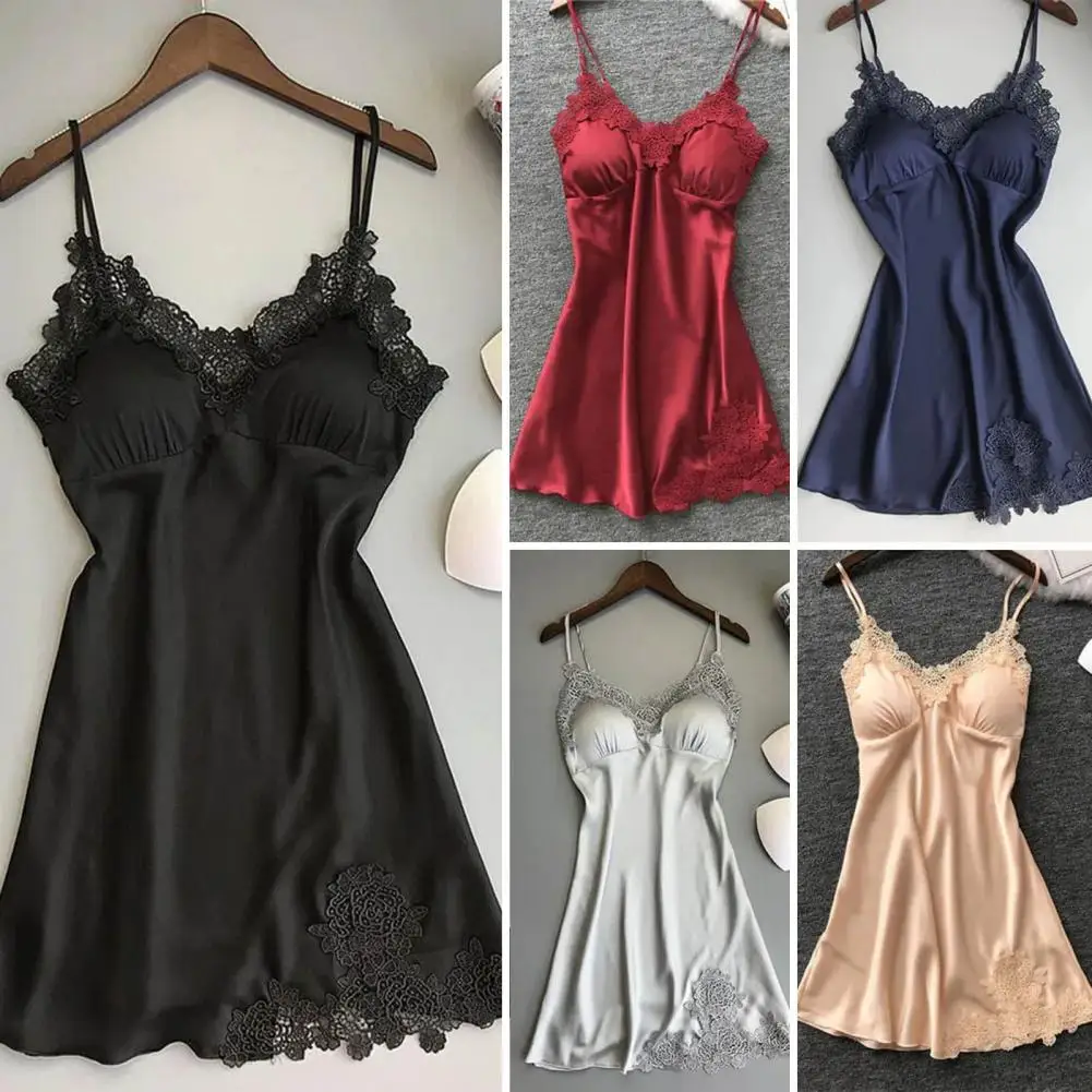 

Women Sexy Nightdress Backless Sleeveless Lace Detachable Pads Sleepwear Satin Soft Above Knee Length Lady Sleepwear Dress