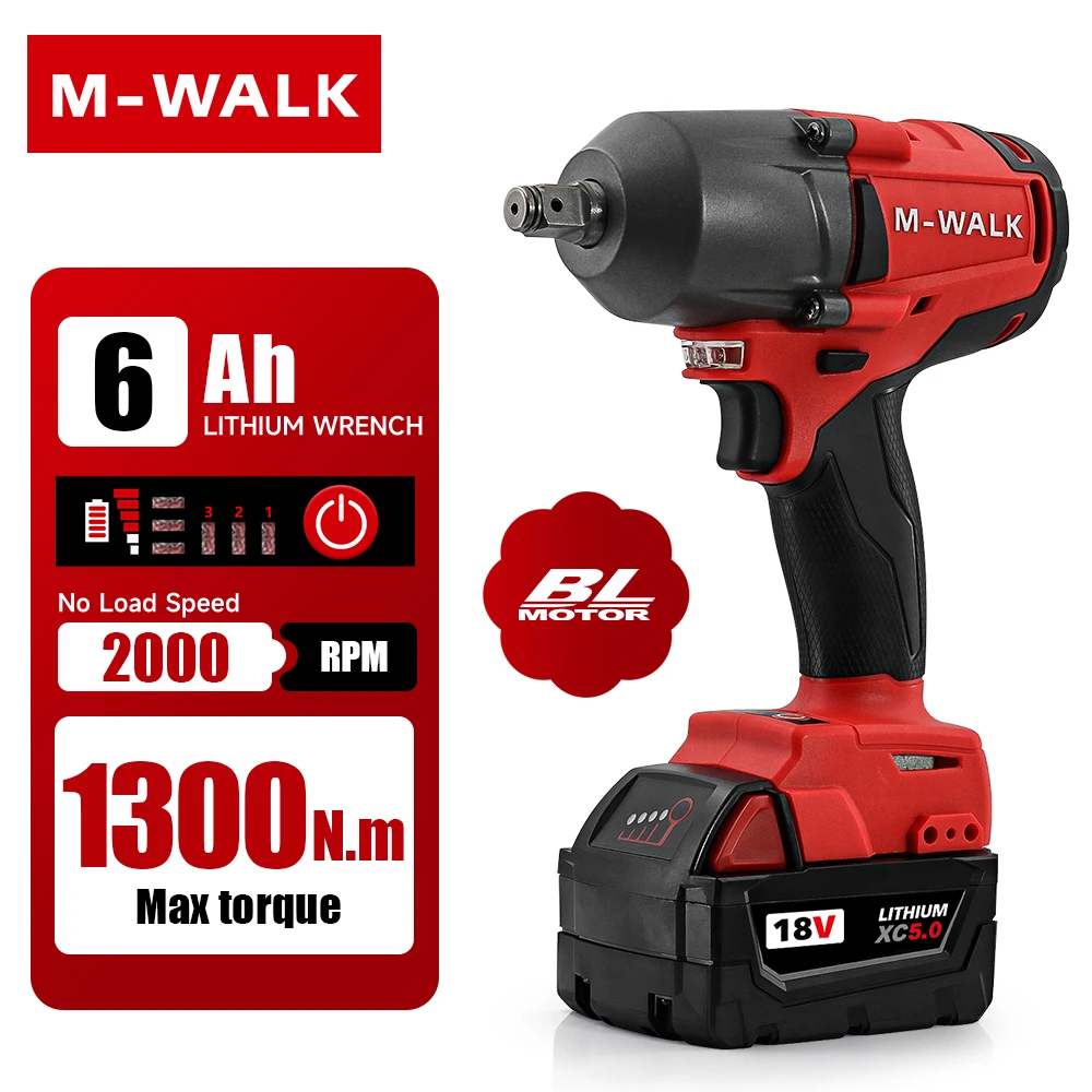 For Milwaukee 18V Battery Pin 1300N.M Torque Brushless Electric Impact Wrench 1/2 inch Cordless Wrench Screwdriver Power Tools