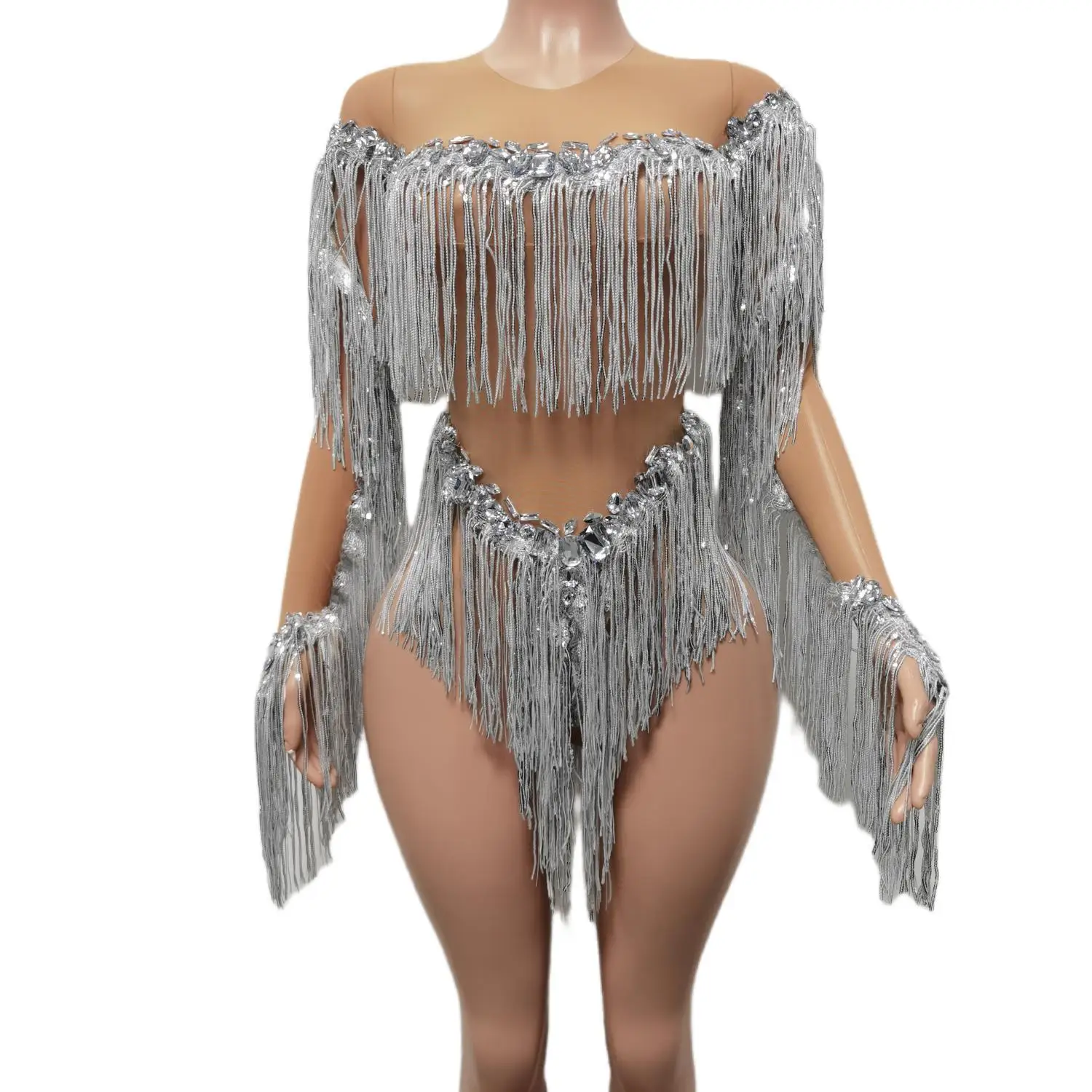 

Silver Sparkly Rhinestone Fringe Bodysuit Women Sexy Dancer Show Celebrate Outfit Prom Birthday Party Nightclub Costumes Weixiao