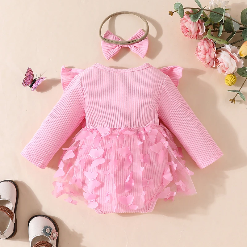 0-18Months Newborn Baby Girls Dress Mesh Butterfly One-Piece Dresses with Bow Long Sleeve Pink White Princess Dresses Clothing