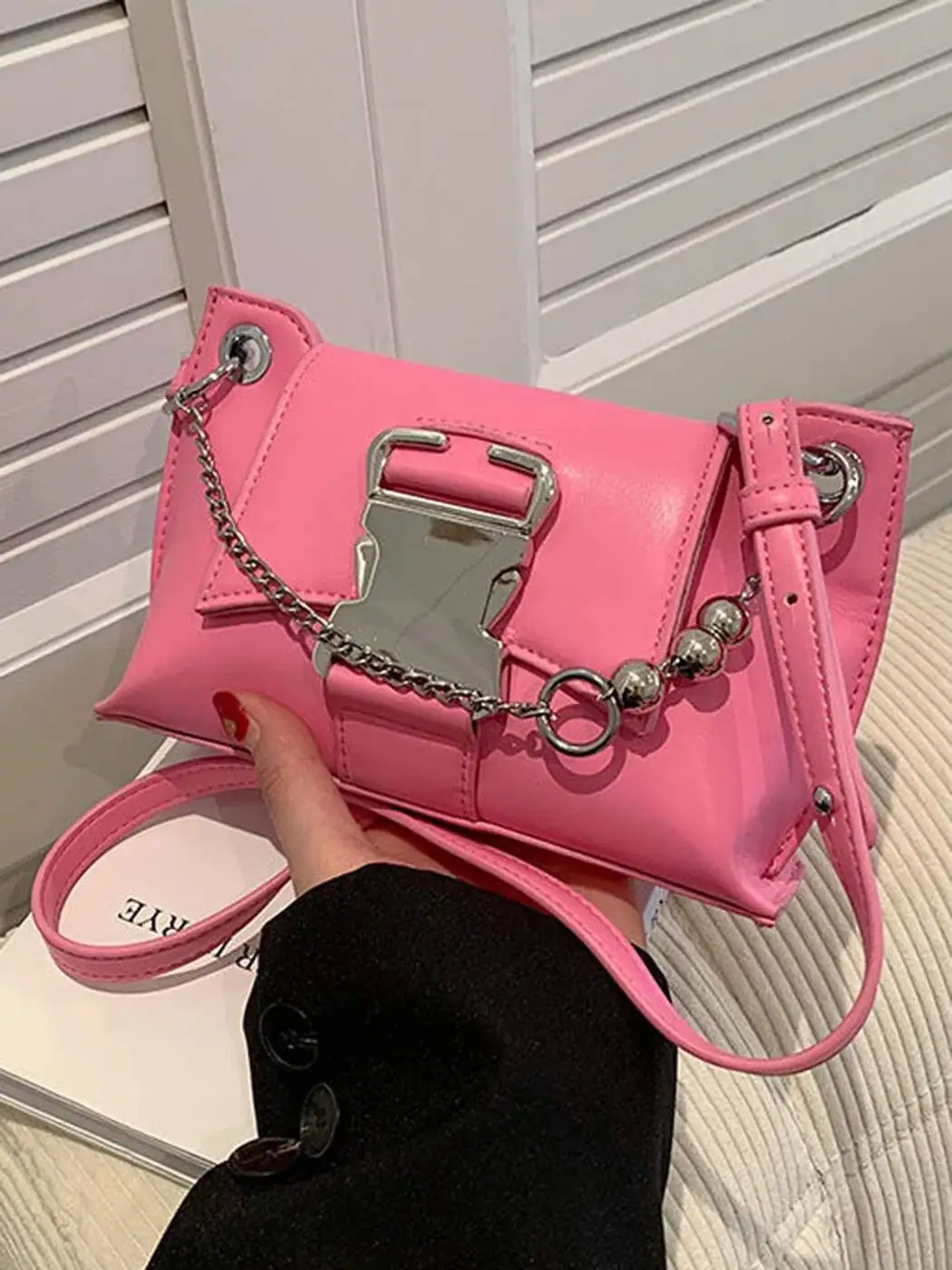 

Bloom Cool Girls Y2k Handbags Women Vintage Chains Chic Pu Leather Pink Underarm Bag Female Casual Moto Biker Shoulder Bags